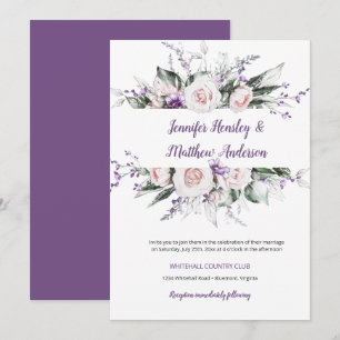 Convite Moldura Floral de Aquarela Roxa e Bege Casamento