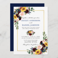 Moldura Floral de Casamento Azul Dourado