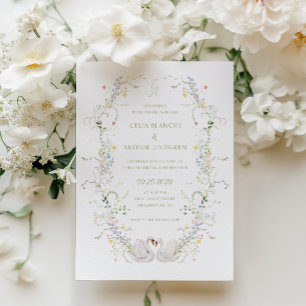Convite Moldura Floral de Cisnes com Monograma de Casament