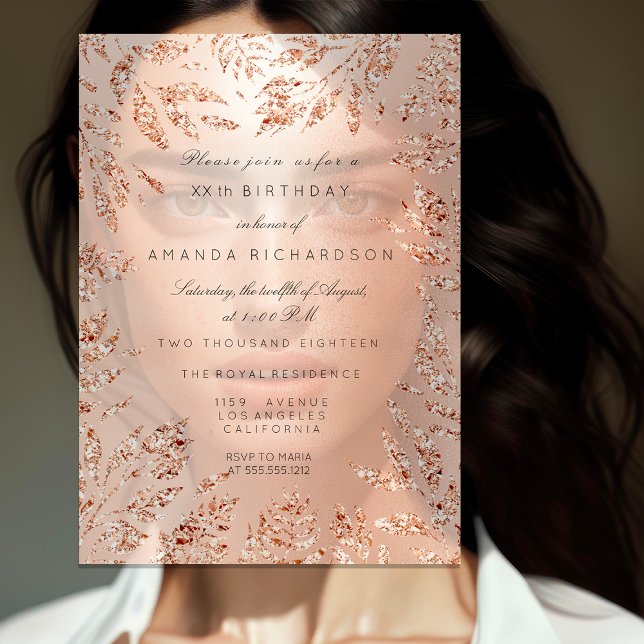 Convite Moldura Floral de Folhas com Brilho em Rosa Dourad (Pink Rose Gold Glitter Leafs Floral Frame Crystal Invitation)