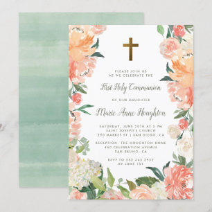 Convite Moldura Floral de Watercolor Primeira Comunhão Sa