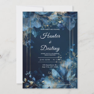 Convite Moldura Floral Dourada Azul Meia-Noite Luxuosa Inv