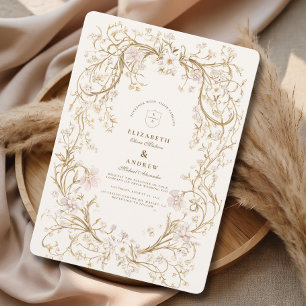 Convite Moldura Floral Dourada Elegante Casamento Romântic