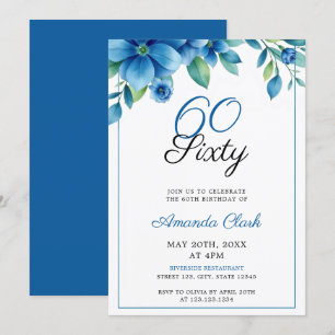Convite Moldura Floral Elegante Blue Watercolor 60º Aniver