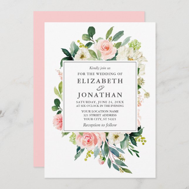 Convite Moldura Floral Elegante Cor-de-Água Rosa (Frente/Verso)