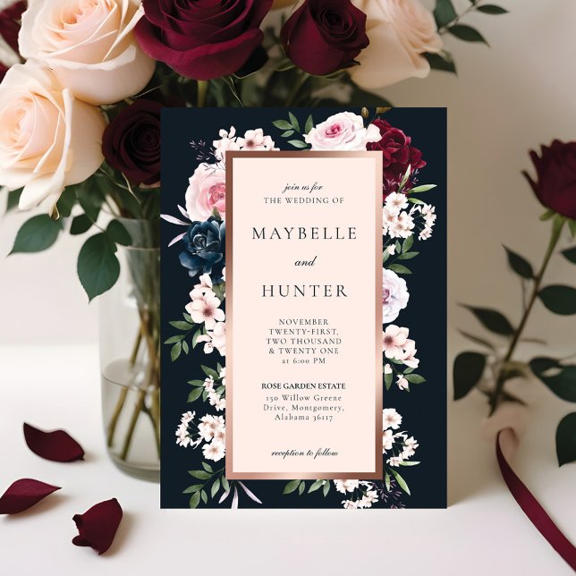 Convite Moldura Floral Elegante para Borgonha e Marinho (Elegant Burgundy & Navy Watercolor Floral Frame Invitation)
