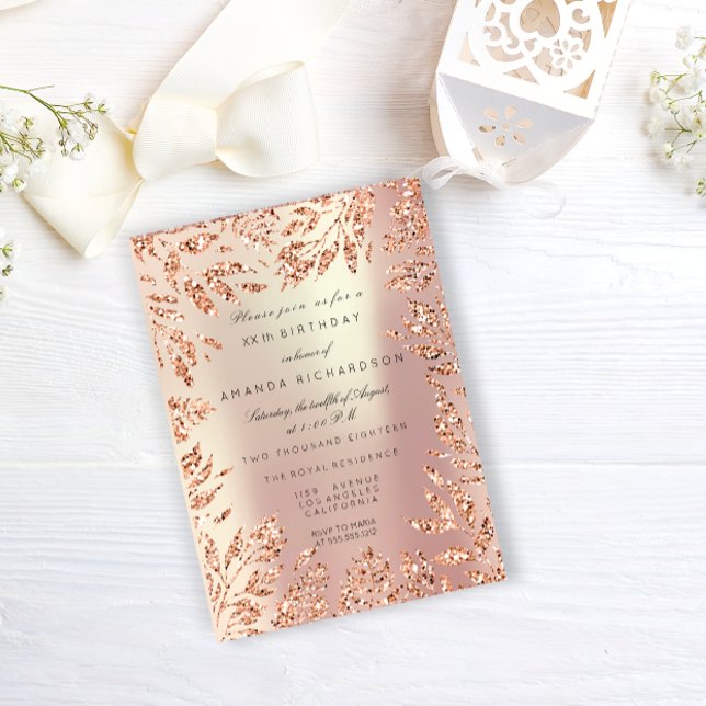 Convite Moldura Floral Folhas com Purpurina Rosa Dourado R (Pink Rose Gold Glitter Leafs Floral Frame Pearly Invitation)