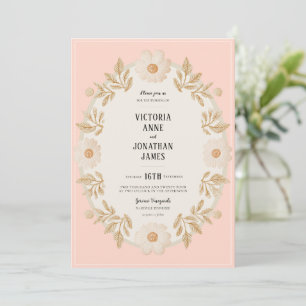 Convite Moldura Floral Pêssego Creme Foto Casamento