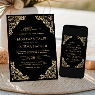 Convite Moldura Floral Preta e Dourada Casamento Islâmico