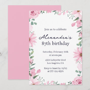 Convite Moldura Floral Rosa 87º aniversário