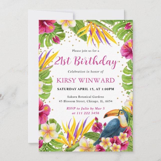 Convite Moldura Floral Tropical Aquarela Aniversário Tucan (Frente)