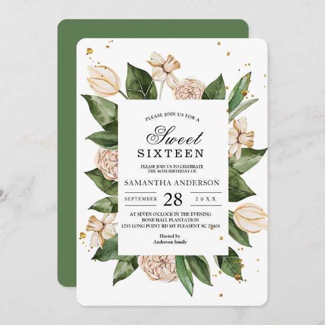 Convite Moldura Floral Verde e Amarelo Moderna (Frente/Verso)