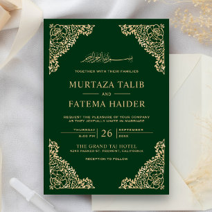 Convite Moldura Floral Verde e Dourada Casamento Islâmico