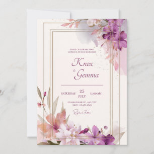 Convite Moldura Floral Violeta Romântico Dourado Casamento