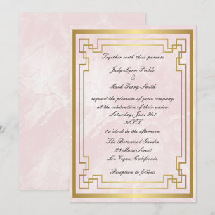 Convite Moldura Geométrica Dourada Casamento Mármore Rosa