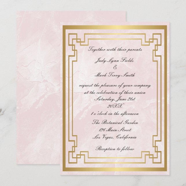 Convite Moldura Geométrica Dourada Casamento Mármore Rosa (Frente/Verso)