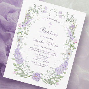Convite Moldura Lilás Lavanda Floral Batismo Tamanho Peque