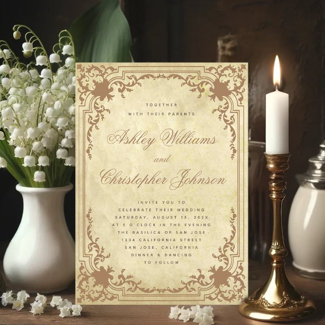 Convite Moldura Ornamentada em Pergaminho Antigo Elegante  (Antique Wedding Invitation with Vintage Background)