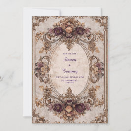Convite Moldura Oval Floral Ameixa Dourada Barroca Casamen