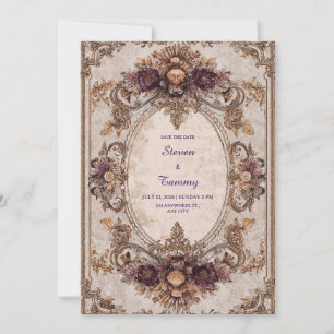 Convite Moldura Oval Floral Ameixa Dourada Barroca Casamen