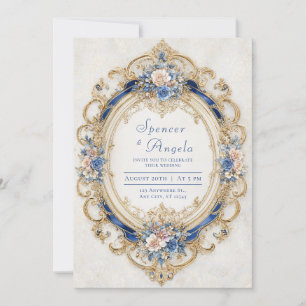 Convite Moldura Oval Rococó Rosa Bege Luxuosa Dourado Azul