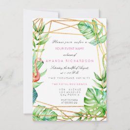 Convite Moldura Poligonal Dourada Tropical Flamingo Stripe