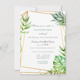 Convite Moldura Poligonal Dourada Tropical Melancia Verde