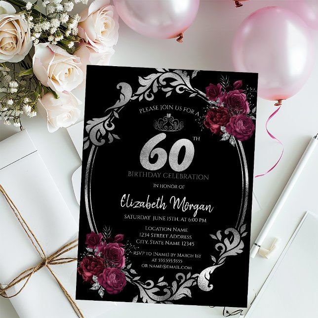 Convite Moldura Prata Rosas Bordeaux Aniversário de 60 ano (Criador carregado)