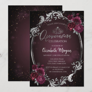 Convite Moldura Prateada Rosas Bordeaux Escuro Quinceañera