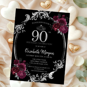 Convite Moldura Prateada Rosas Borgonha 90º Aniversário