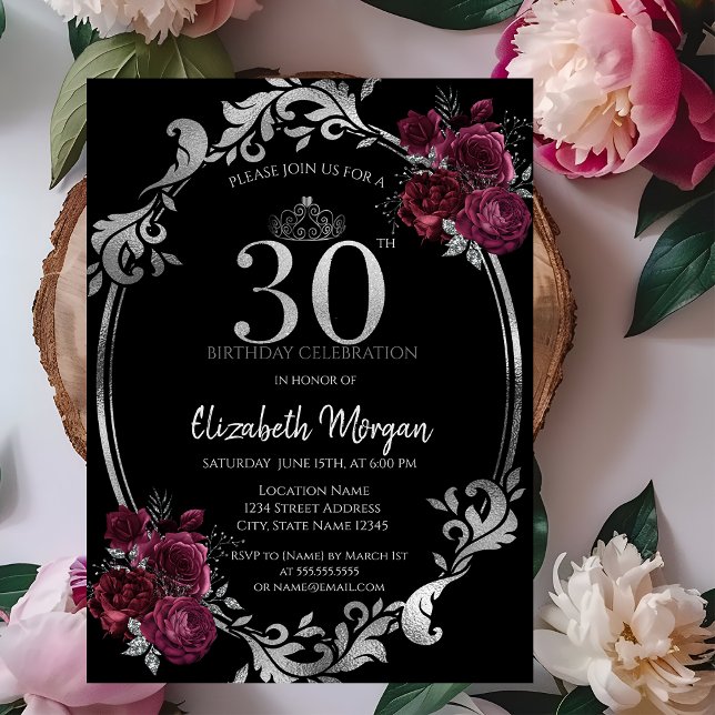 Convite Moldura Prateada Rosas Borgonha Aniversário de 30  (Criador carregado)