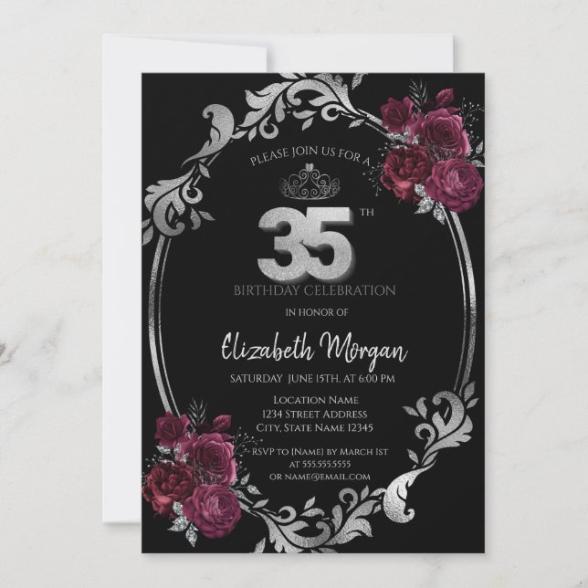 Convite Moldura Prateada Rosas Borgonha Aniversário de 35  (Frente)