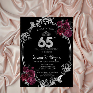 Convite Moldura Prateada Rosas Borgonha Aniversário de 65