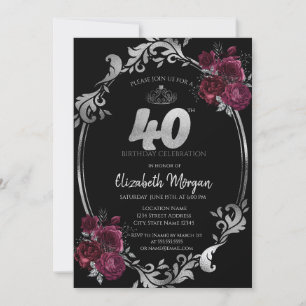 Convite Moldura Prateada Rosas Borgonha Preto 40º Aniversá