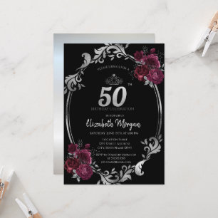 Convite Moldura Prateada Rosas Borgonha Preto Aniversário