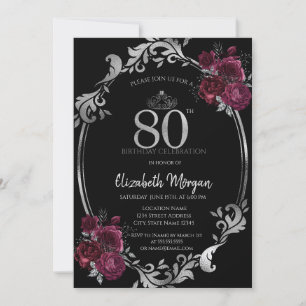 Convite Moldura Prateada Rosas Burgundy Preto 80º Aniversá