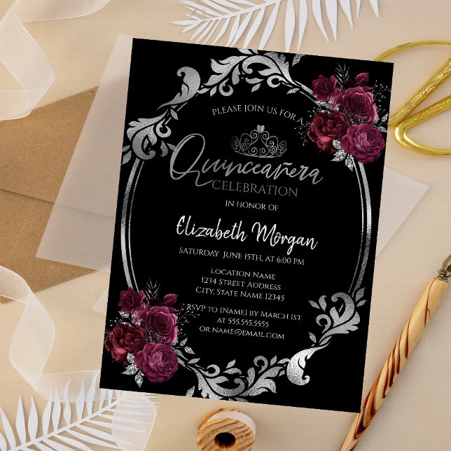 Convite Moldura Prateada Rosas Burgundy Preto Quinceañera (Criador carregado)
