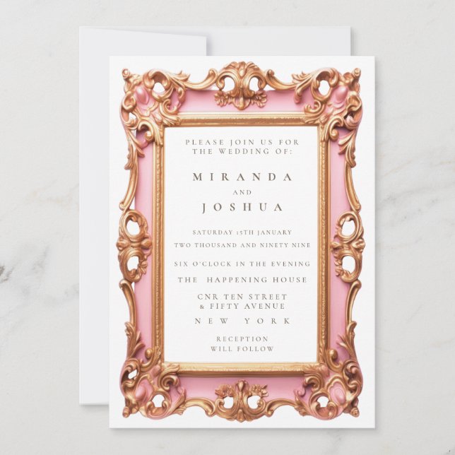 Convite Moldura Rebuscada Dourada Rosa com Enfeite de Fili (Frente)