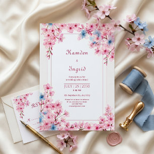 Convite Moldura Romântica Rosa Sakura Vinca Azul Casamento