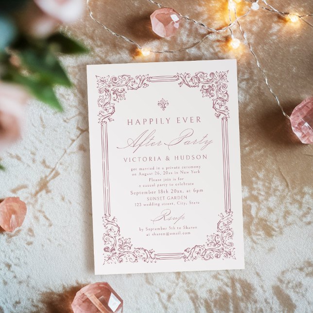 Convite Moldura rosa-rosa-poeirento Feliz Sempre Depois da (Dusty Pink Vintage Frame Happily Ever After Party Invitation)