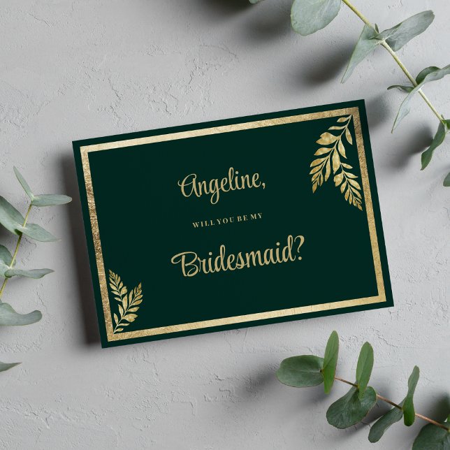 Convite Moldura verde-escura de ouro de luxo Bridesmaid (Luxury dark green golden leaf frame Bridesmaid )