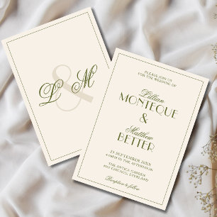 Convite Moldura Verde Oliva Casamento Inicial Silencioso D