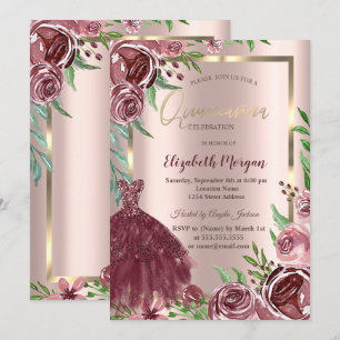 Convite Moldura, Vestido de Rosas Burgundy Rose Gold Quinc