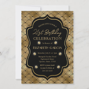 Convite Moldura Vintage Art Déco Preto e Dourado Aniversár