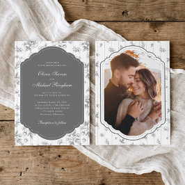 Convite Moldura Vintage Cinza Toile Francês Foto Casamento