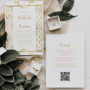 Convite Moldura Vintage Deco Dourada Código QR Casamento B