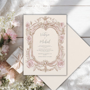 Convite Moldura Vintage Floral Rosa Casamento Elegante
