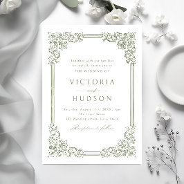 Convite Moldura Vintage Verde Salvia Elegante Casamento