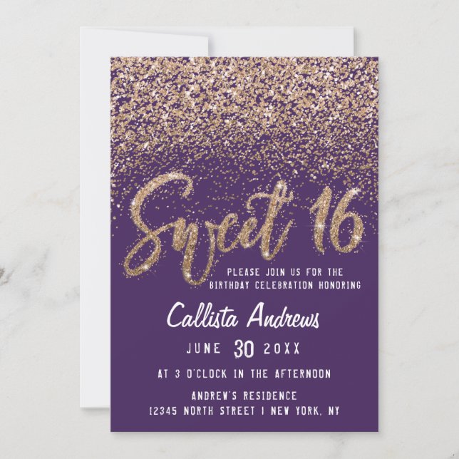 Convite Mole Glitter Fragmentada Violeta Dourada Sweet 16 (Frente)