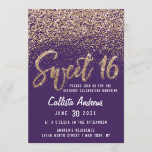 Convite Mole Glitter Fragmentada Violeta Dourada Sweet 16